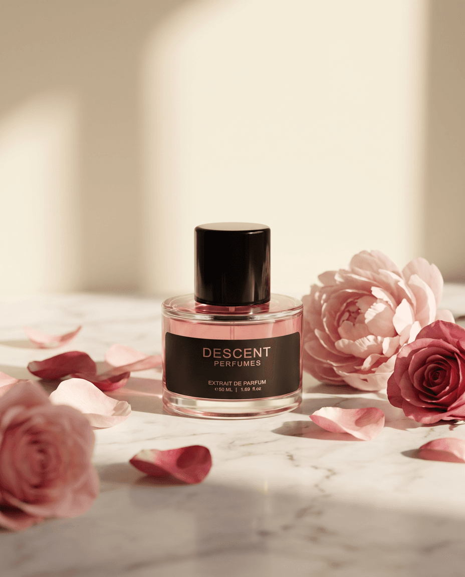 Descent extrait bottle on ivory linen beside a blush peony and rose petals in soft window light