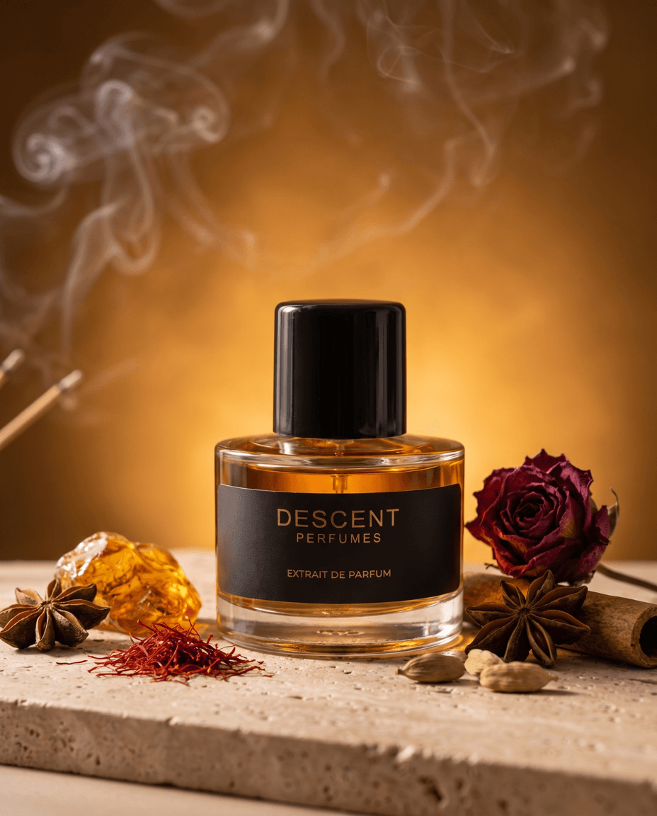 LIQUID GOLD — Descent Perfumes oriental extrait de parfum bottle