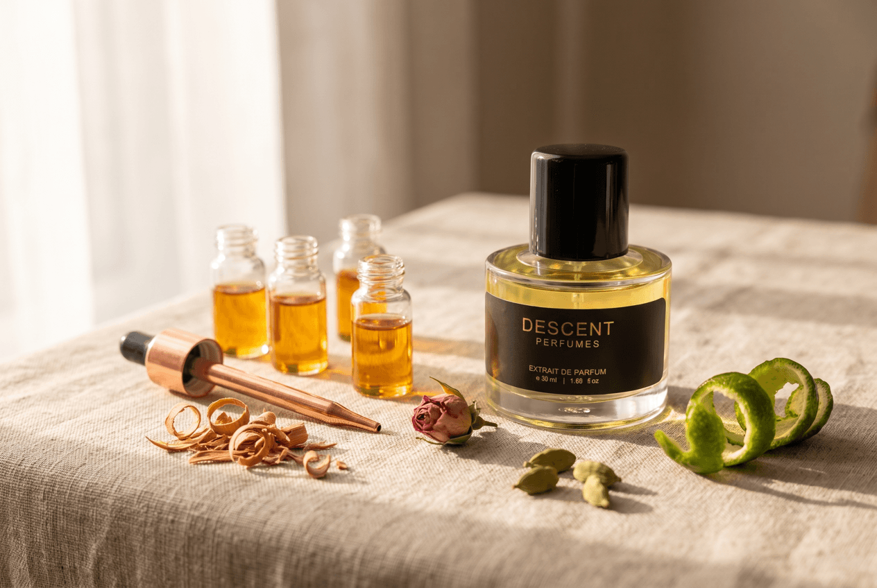 Perfumery still life — amber oils, copper pipette and sandalwood on linen