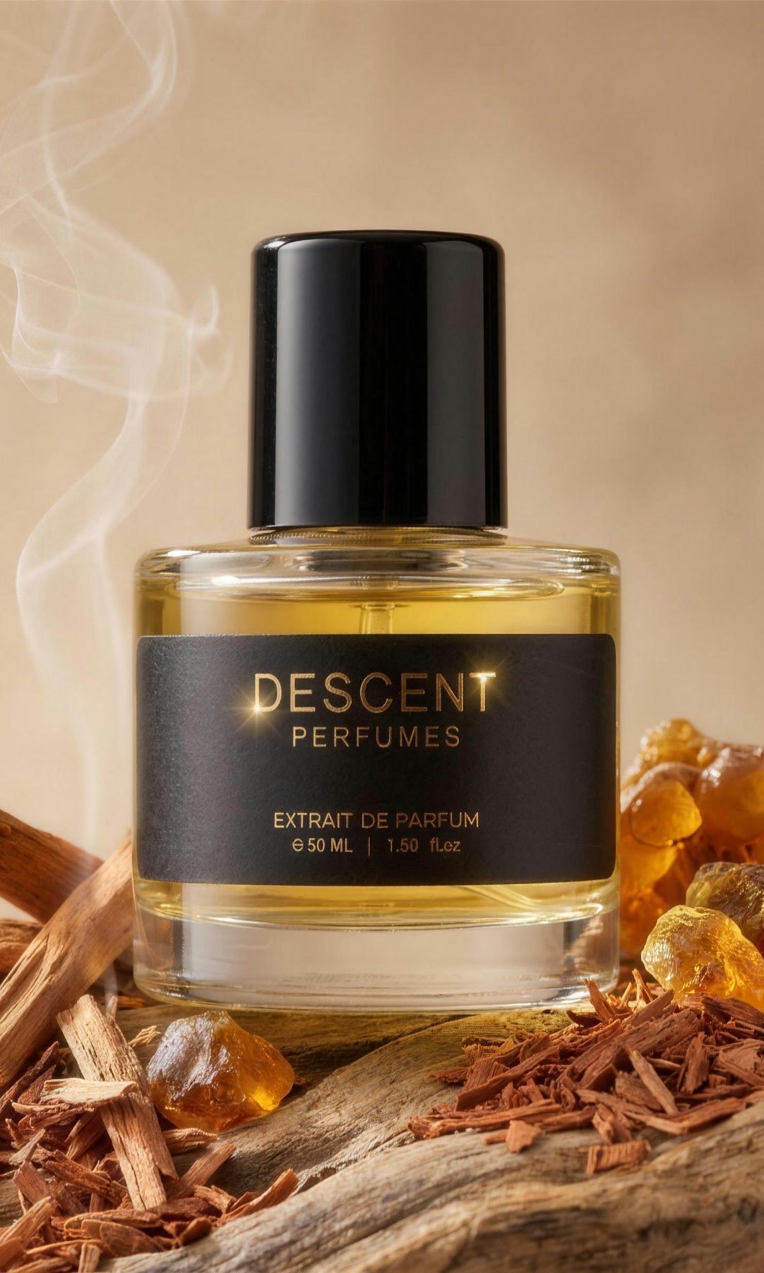 Descent bottle — black cap, gold-lettered black label — on weathered driftwood in warm afternoon sun, sandalwood shavings and amber resin at its base, smoke drifting