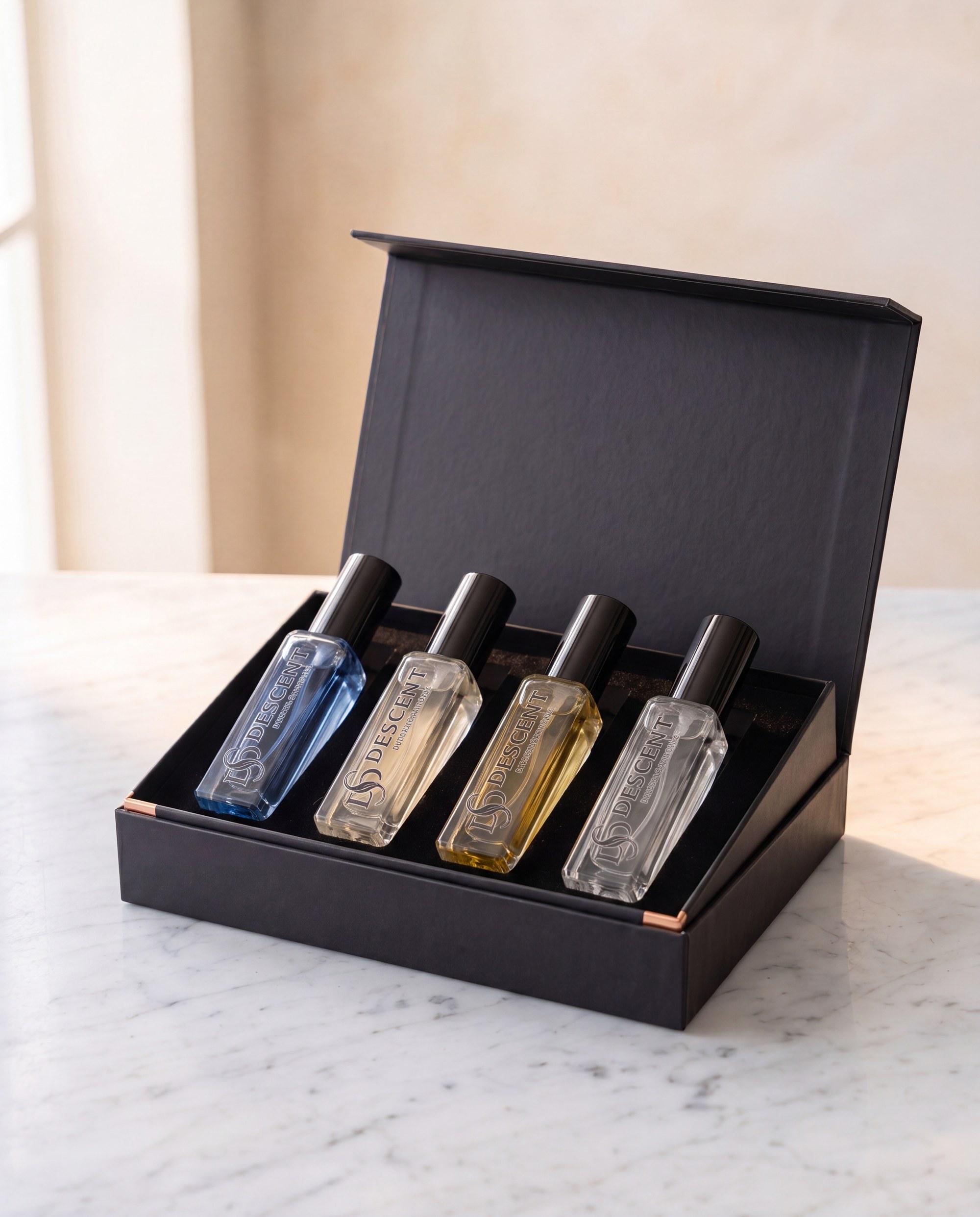 Signature Trio Gift Set — Descent Perfumes oud extrait de parfum bottle